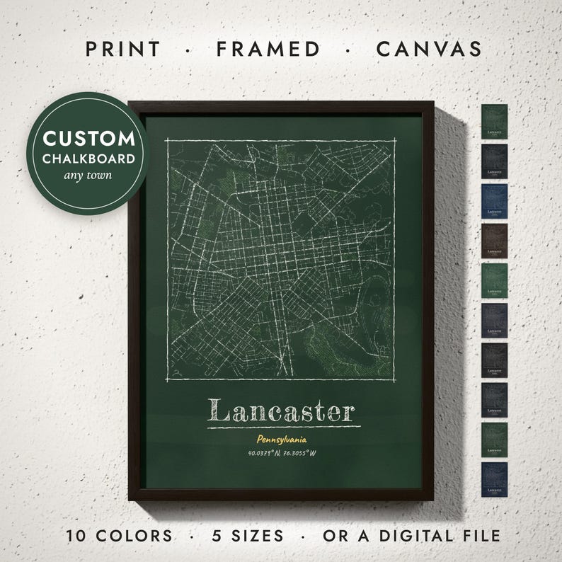 Chalkboard City Map print in a black frame on a white wall — print, framed, canvas or digital file, 10 colors, 5 sizes