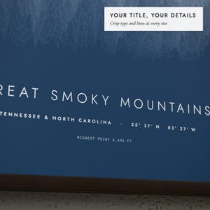 Close-up of the personalized title and details on the Ridgeline Mountain Map print