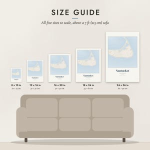 Size guide: 8×10, 12×16, 16×20, 18×24, 24×36 inch prints shown to scale above a sofa