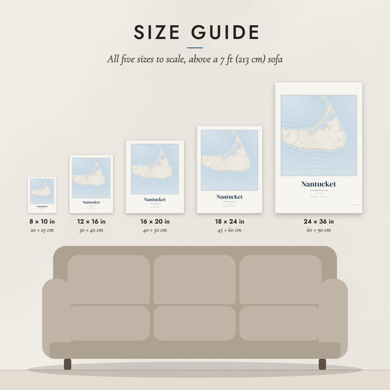 Size guide: 8×10, 12×16, 16×20, 18×24, 24×36 inch prints shown to scale above a sofa
