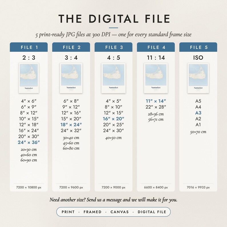 The Digital File option: five print-ready JPG files in 2:3, 3:4, 4:5, 11:14 and ISO ratios at 300 DPI