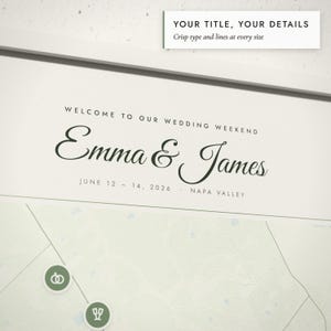 Close-up of the personalized title and details on the Wedding Weekend Map print