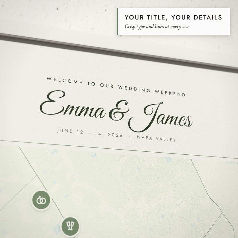 Close-up of the personalized title and details on the Wedding Weekend Map print