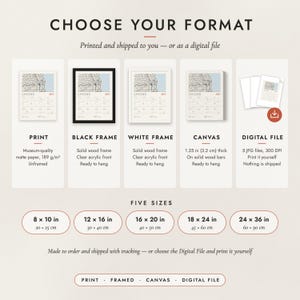 The formats to choose from: matte paper print, black frame, white frame, canvas and the digital file, with the five sizes
