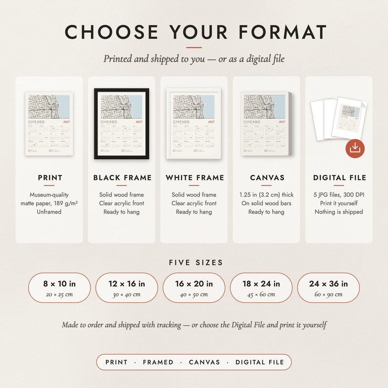 The formats to choose from: matte paper print, black frame, white frame, canvas and the digital file, with the five sizes