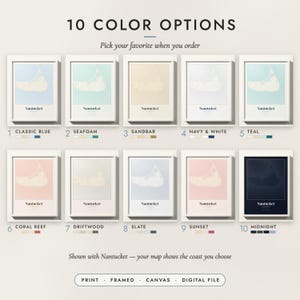 The Coastal Contour Map in all 10 color options, numbered 1 to 10 with their names