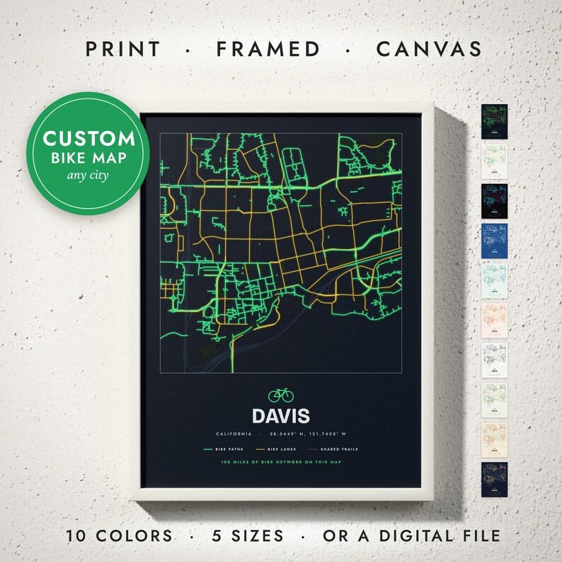 Bike City Map print in a white frame on a white wall — print, framed, canvas or digital file, 10 colors, 5 sizes