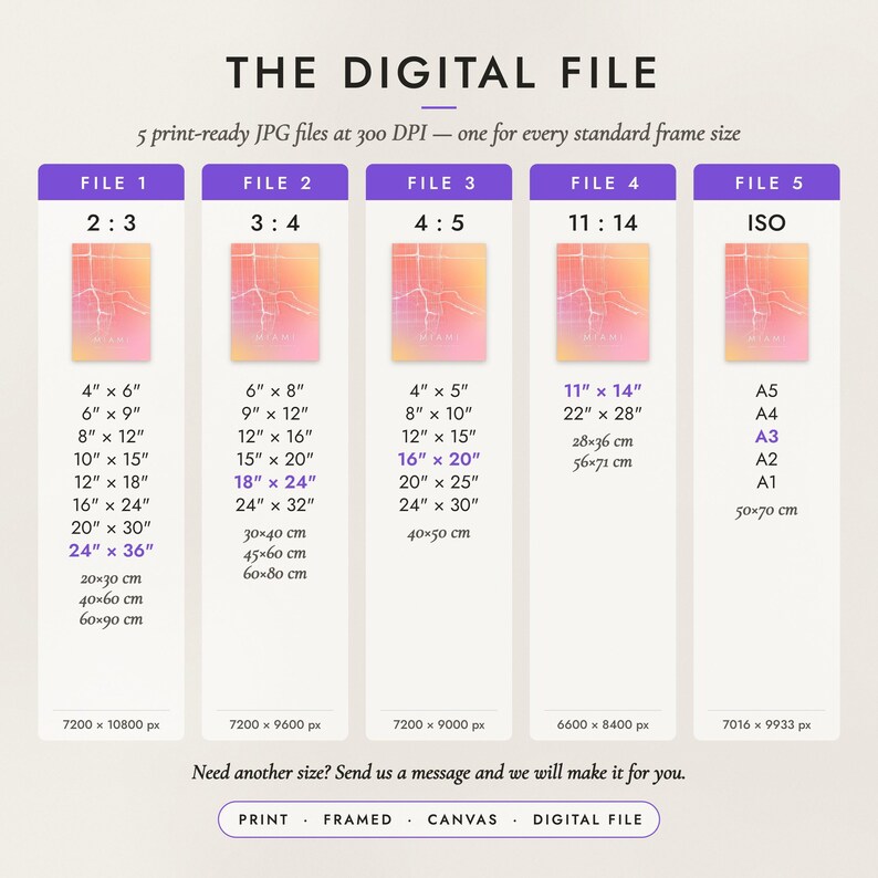 The Digital File option: five print-ready JPG files in 2:3, 3:4, 4:5, 11:14 and ISO ratios at 300 DPI
