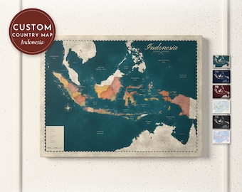 Indonesia Map Print, Personalized Indonesia Wall Art for Canvas or Poster, Detailed Map with Cities, Heritage Gift, Framed or Canvas Print