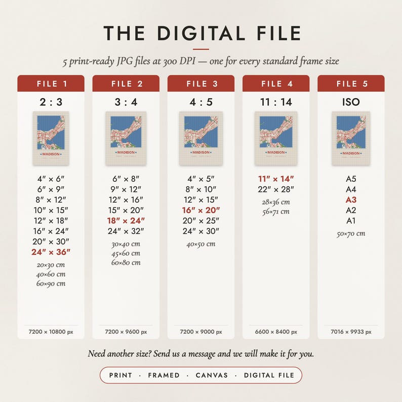 The Digital File option: five print-ready JPG files in 2:3, 3:4, 4:5, 11:14 and ISO ratios at 300 DPI