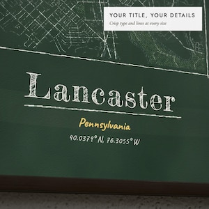 Close-up of the personalized title and details on the Chalkboard City Map print