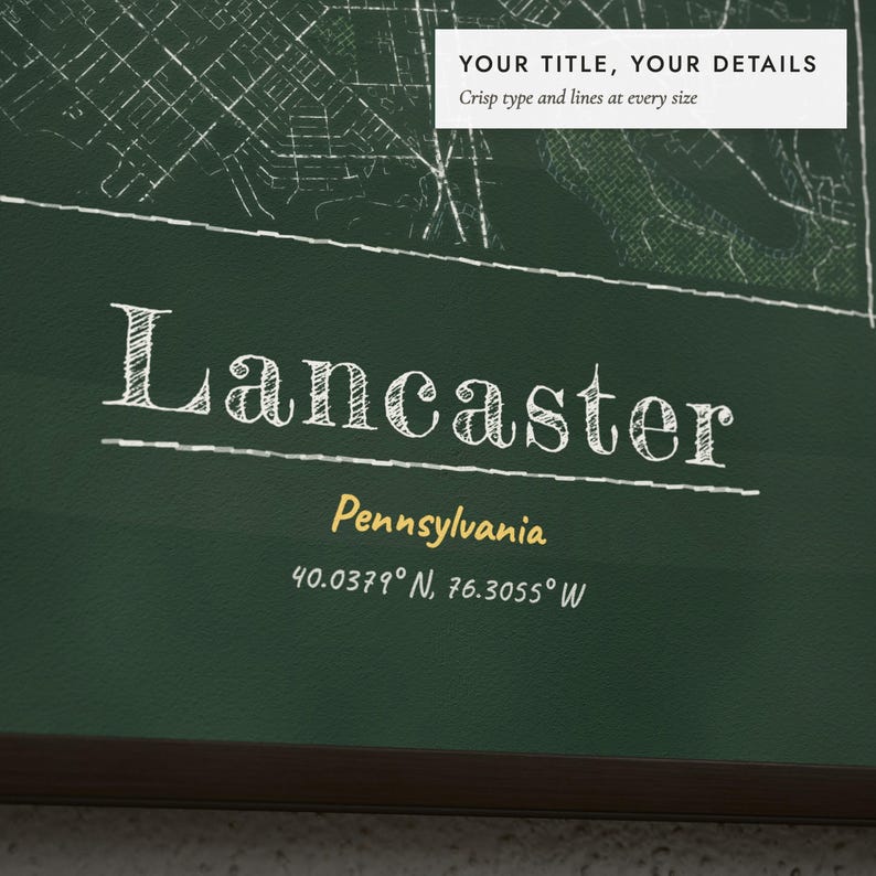 Close-up of the personalized title and details on the Chalkboard City Map print