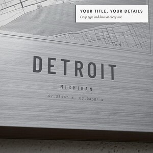 Close-up of the personalized title and details on the Etched Metal City Map print