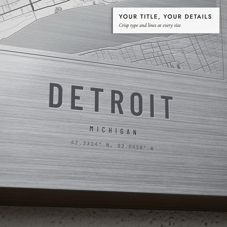 Close-up of the personalized title and details on the Etched Metal City Map print