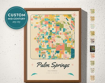 Custom Mid Century Modern City Map Print, Retro 1950s Style Map, Atomic Starburst Art, Hometown Gift, Any City, Framed, Canvas or Digital