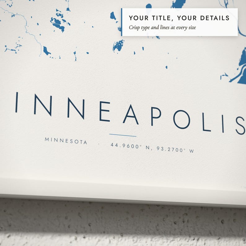 Close-up of the personalized title and details on the Water Lines Map print