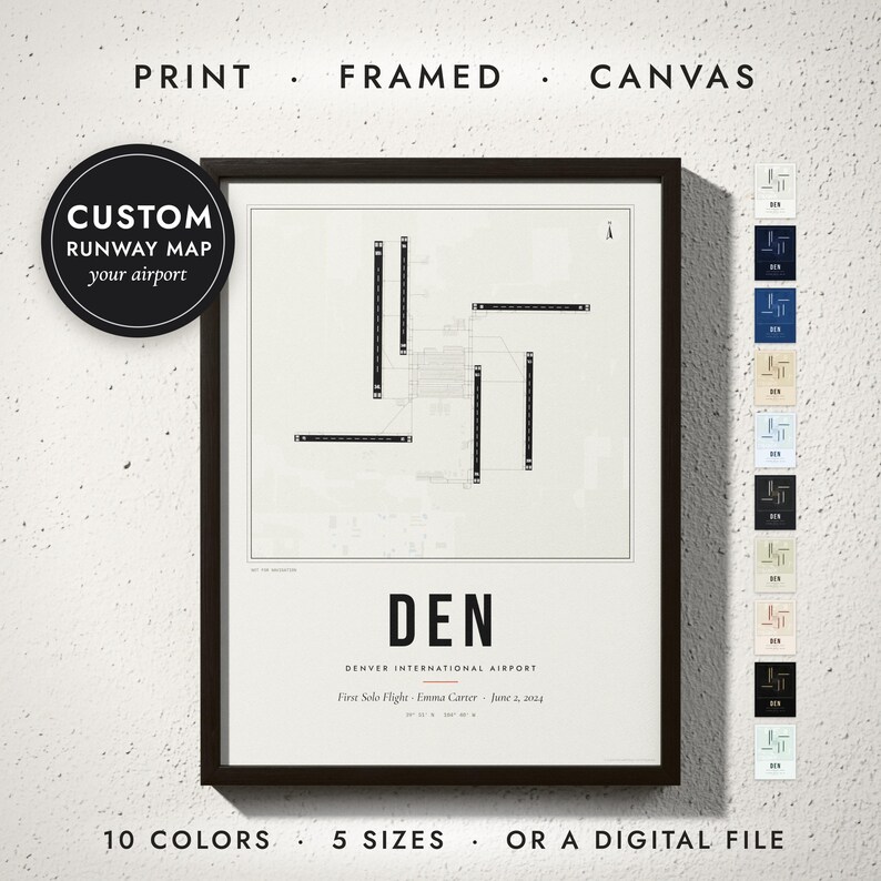 Airport Runway Map print in a black frame on a white wall — print, framed, canvas or digital file, 10 colors, 5 sizes