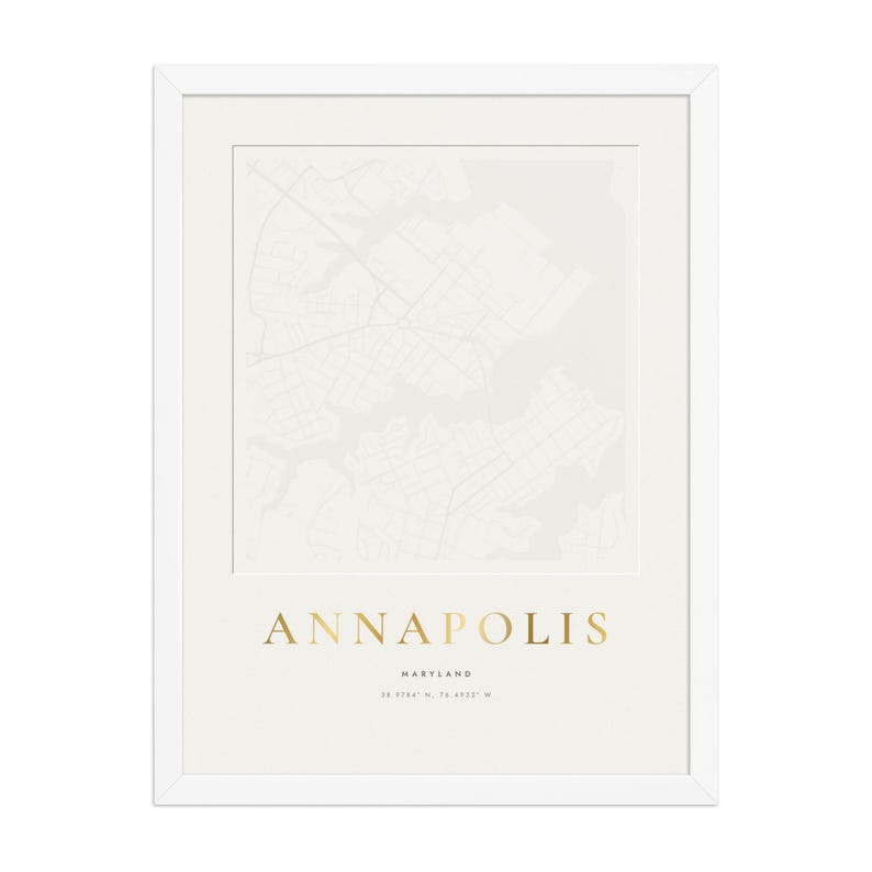 Real product photo: the Custom Embossed Look City Map Print in the white wood frame with a clear acrylic front
