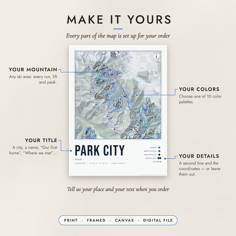 Diagram of what you can personalize: location, colors, title and details