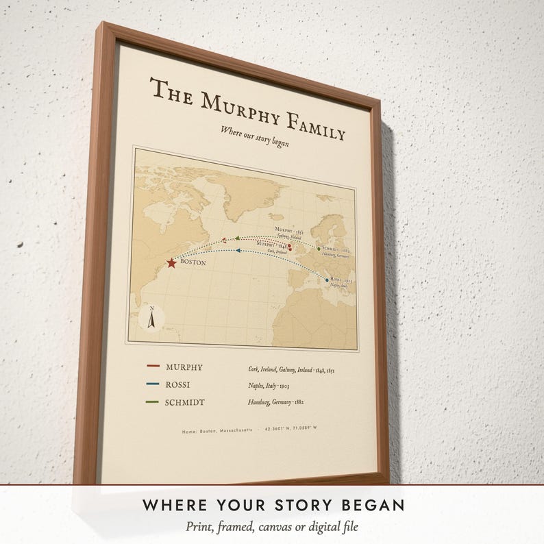 Three-quarter view of the framed Family Roots Map poster on a white plaster wall
