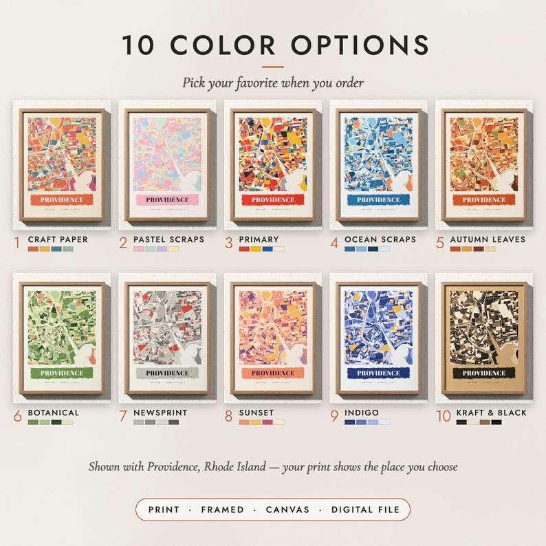 The Paper Collage City Map in all 10 color options, numbered 1 to 10 with their names