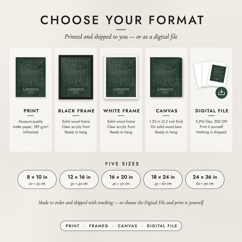 The formats to choose from: matte paper print, black frame, white frame, canvas and the digital file, with the five sizes