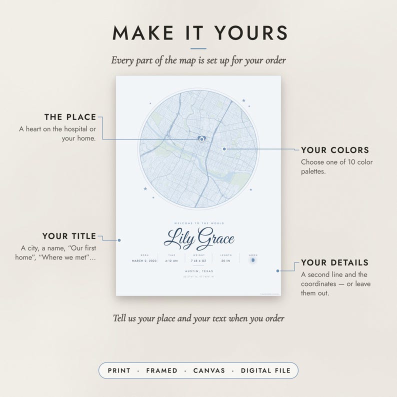 Diagram of what you can personalize: location, colors, title and details