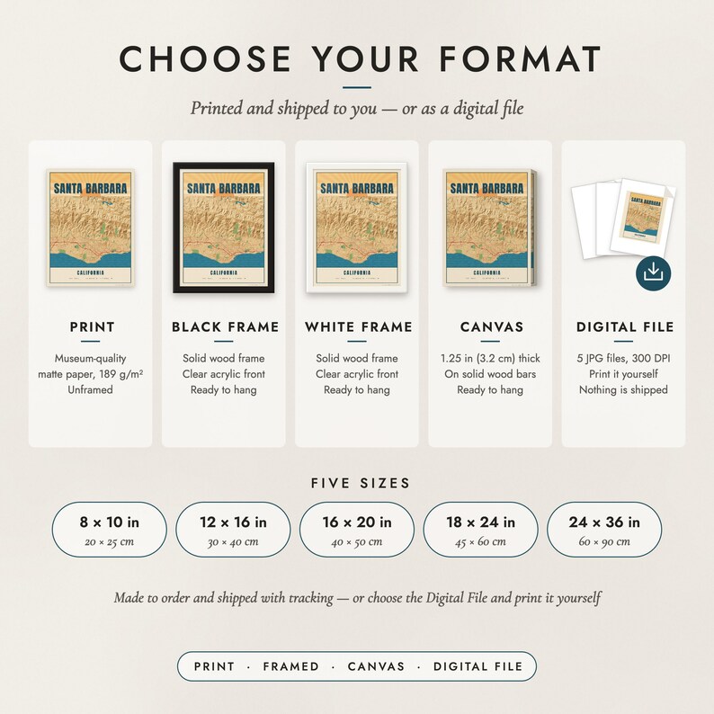 The formats to choose from: matte paper print, black frame, white frame, canvas and the digital file, with the five sizes