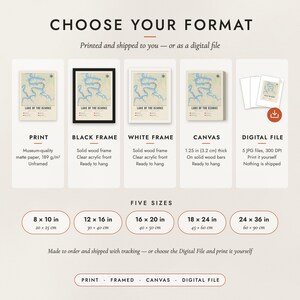 The formats to choose from: matte paper print, black frame, white frame, canvas and the digital file, with the five sizes