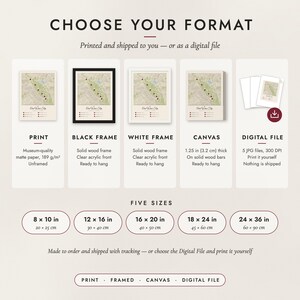 The formats to choose from: matte paper print, black frame, white frame, canvas and the digital file, with the five sizes