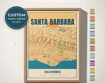 Custom Vintage Travel Poster Map Print, Retro City Map of Any Town, Lake or Mountain, Hometown Gift, Retro Wall Art, Framed or Canvas Print