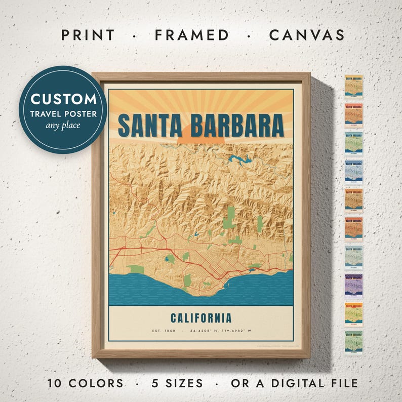 Vintage Travel Poster Map print in a natural oak frame on a white wall — print, framed, canvas or digital file, 10 colors, 5 sizes