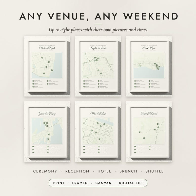 Wedding Weekend Map examples for six destinations