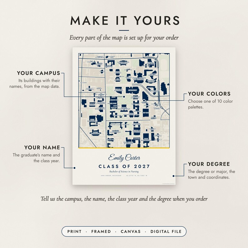 Diagram of what you can personalize: location, colors, title and details