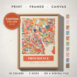 Paper Collage City Map print in a natural oak frame on a white wall — print, framed, canvas or digital file, 10 colors, 5 sizes
