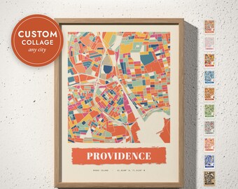 Pode incluir: Um mapa impresso e emoldurado de Providence, Rhode Island, com uma grelha de ruas abstrata e colorida em tons de laranja, azul, amarelo e rosa. O texto PROVIDENCE está centrado abaixo do mapa, com as coordenadas 41.8240 N, 71.4128 W.