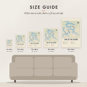 Size guide: 8×10, 12×16, 16×20, 18×24, 24×36 inch prints shown to scale above a sofa
