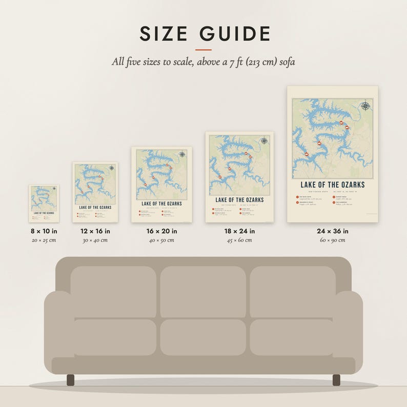 Size guide: 8×10, 12×16, 16×20, 18×24, 24×36 inch prints shown to scale above a sofa
