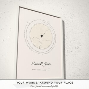 Three-quarter view of the framed Words & Map Print poster on a white plaster wall