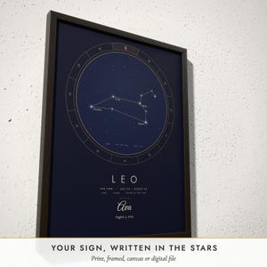 Three-quarter view of the framed Zodiac Constellation poster on a white plaster wall