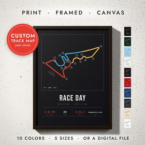 Race Track Map print in a black frame on a white wall — print, framed, canvas or digital file, 10 colors, 5 sizes