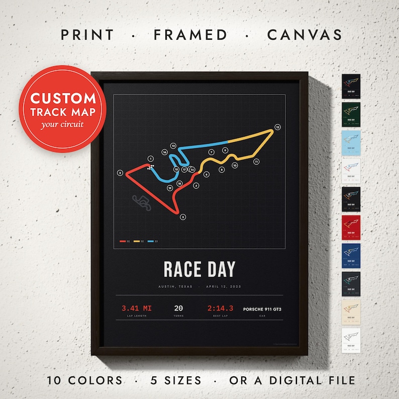 Race Track Map print in a black frame on a white wall — print, framed, canvas or digital file, 10 colors, 5 sizes