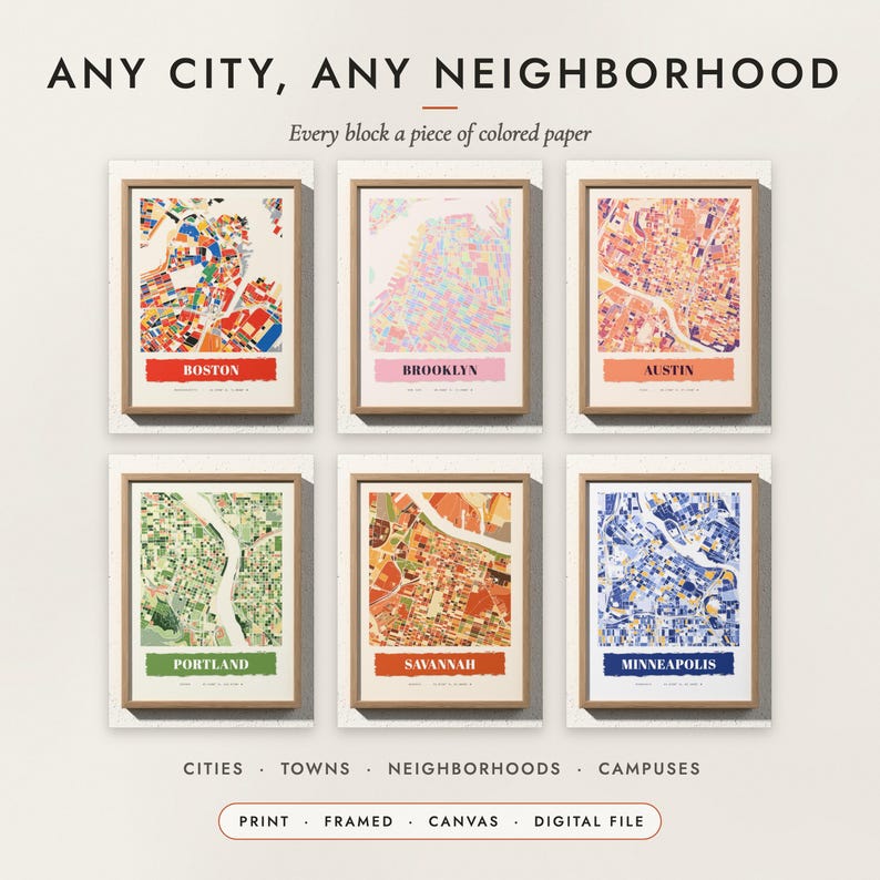 Paper Collage City Map examples for six cities