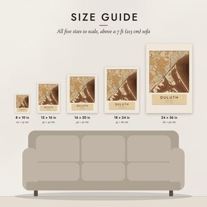 Size guide: 8×10, 12×16, 16×20, 18×24, 24×36 inch prints shown to scale above a sofa