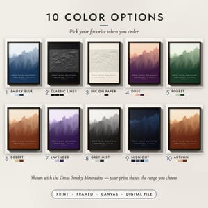 The Ridgeline Mountain Map in all 10 color options, numbered 1 to 10 with their names