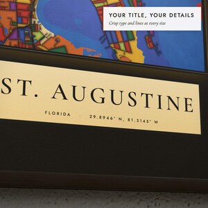 Close-up of the personalized title and details on the Stained Glass City Map print