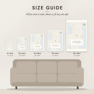 Size guide: 8×10, 12×16, 16×20, 18×24, 24×36 inch prints shown to scale above a sofa