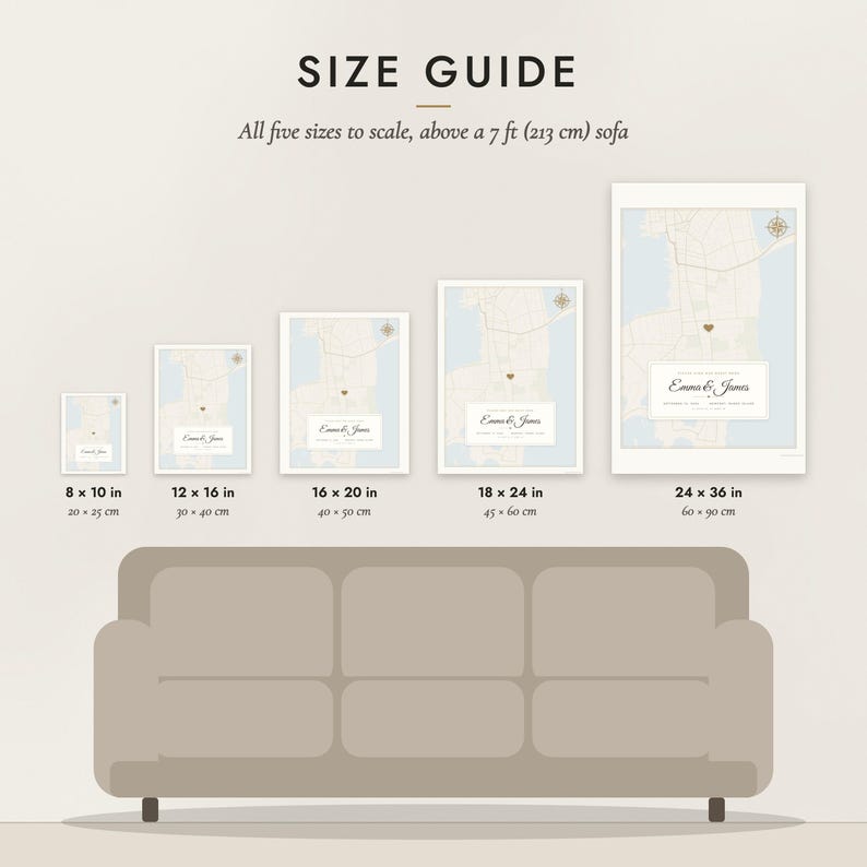 Size guide: 8×10, 12×16, 16×20, 18×24, 24×36 inch prints shown to scale above a sofa