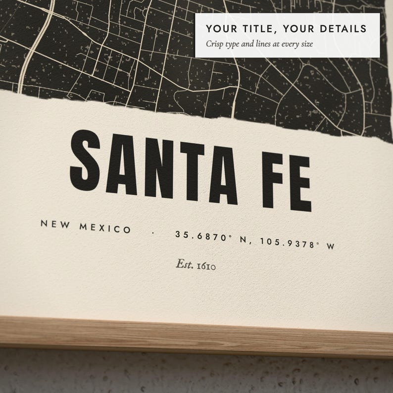 Close-up of the personalized title and details on the Linocut City Map print