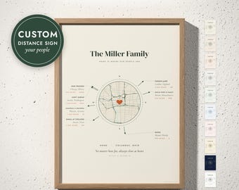 Family Distance Sign Print, Custom Home Map with Arrows and Miles to Loved Ones, Long Distance Gift, Grandparents Gift, Framed or Canvas